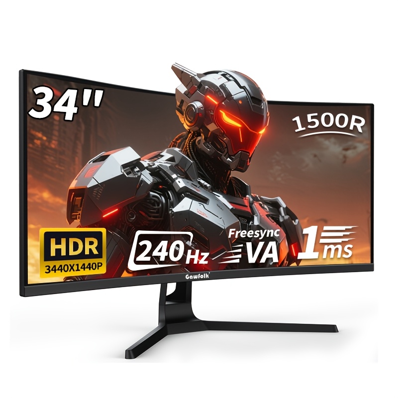 Image of Gawfolk Monitor 34-inch Uwqhd 3440x1440p, 1500r Ultra-wide Pc Screen 240hz Refresh Rate, Curved , Built-in Speakers, Va Panel, Hdr , Displayport And Hdtv Ports, Vesa 75 X 75mm Wall Mounting Holes