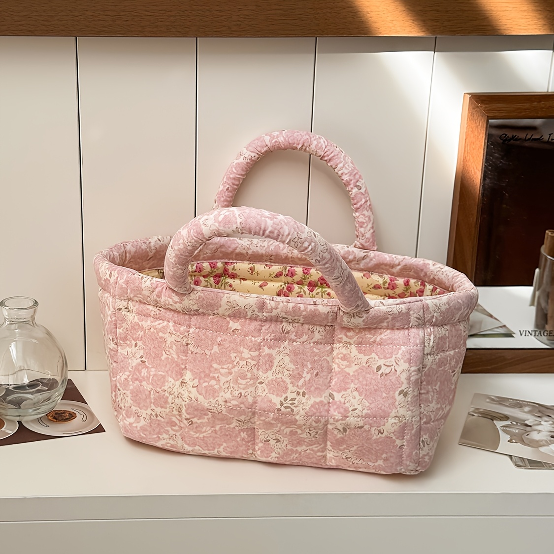 TEMU Vintage Fabric Storage Basket With Floral Print - Portable Handheld Suitable For Home,,, Laundry Basket,, Retro French For /outdoor Use, Multi-