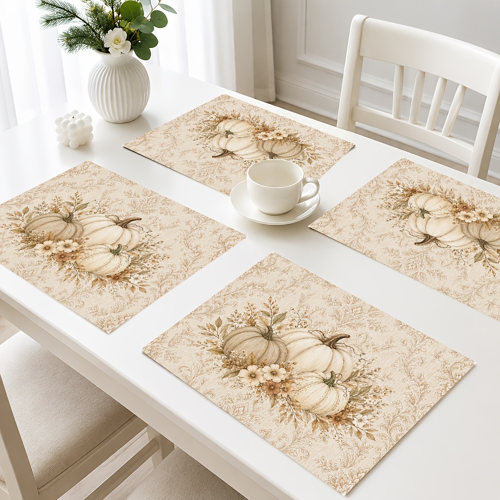TEMU 4/6/8pcs Vintage Pumpkin Floral Fall Placemats, Autumn Table Decor Mats, Neutral Beige Damask Print Table Placemat, Thanksgiving Decorations