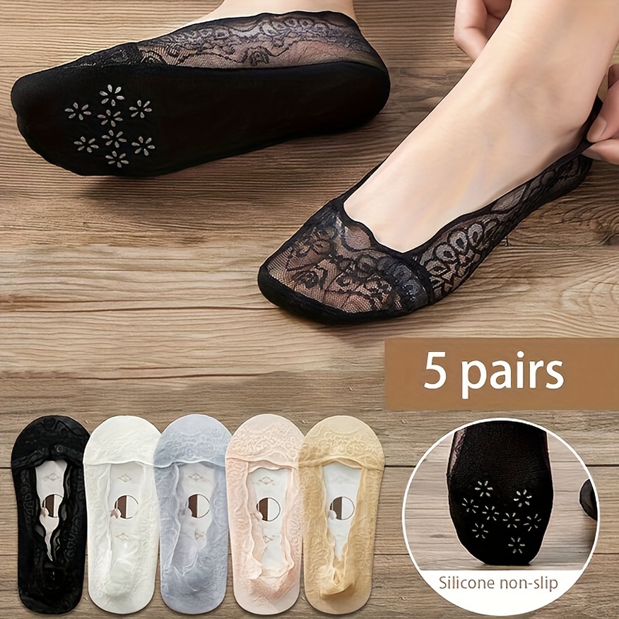 

5 Pairs Floral Lace Boat Socks, Non-slip Breathable Summer Invisible Socks, Women's Stockings & Hosiery