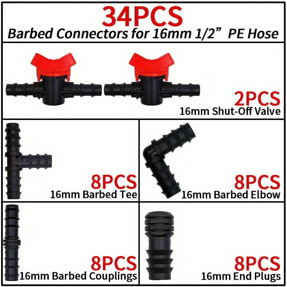 Image of 34pcs Irrigation Fitting Set: 16 Pe Pipe Connectors, 16 Couplings (straight, Elbow, Tee), Plugs For Water Pipes, 16 Pe Pipe Fittings
