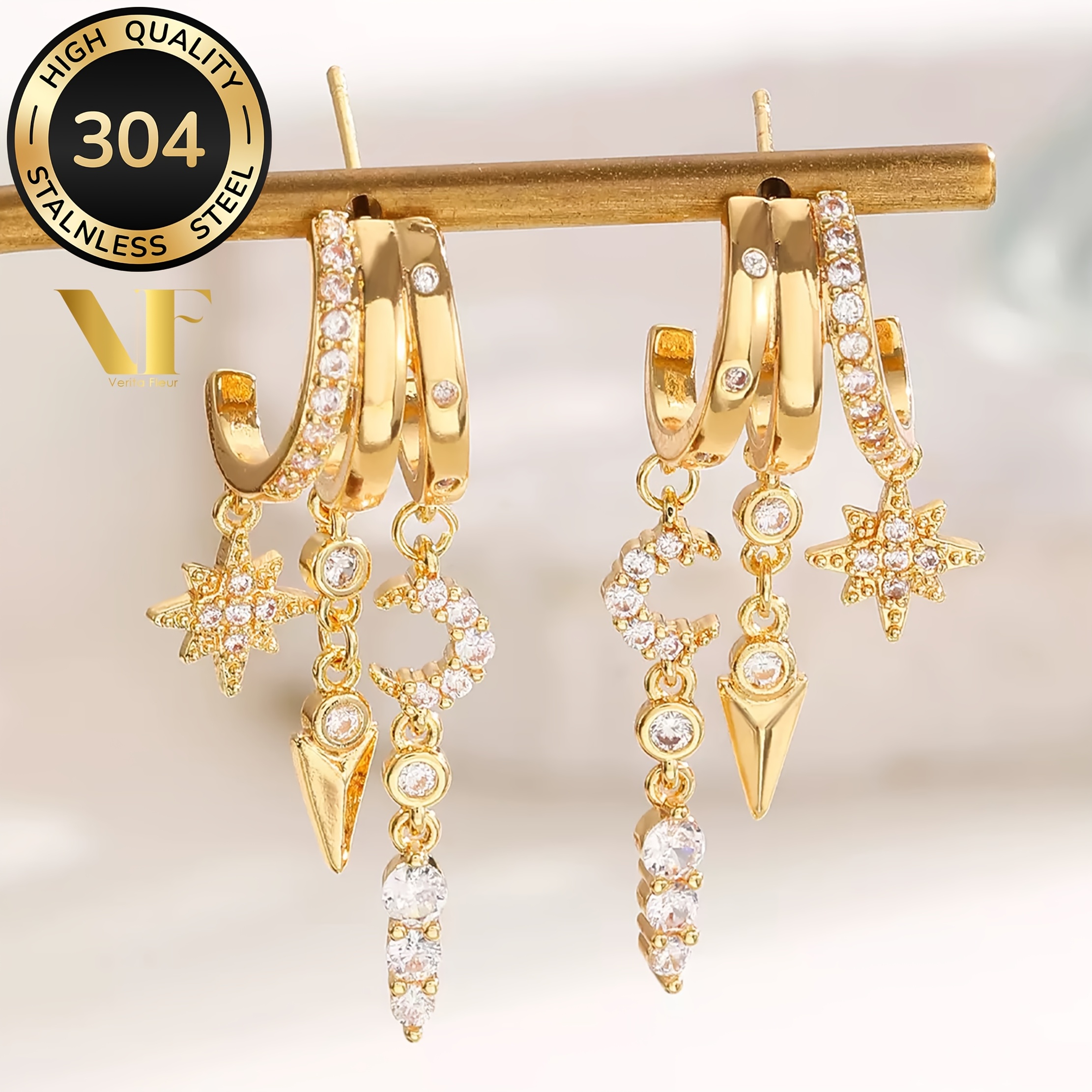Women's Moon Star Tassel Pendant Stud Earrings, Bohemian Style