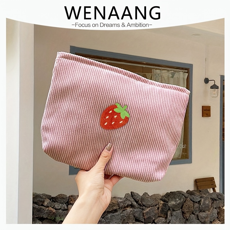 Strawberry Corduroy Cosmetic Bag Portable Makeup Storage Bag Purses Women Large Capacity Make Up Ba