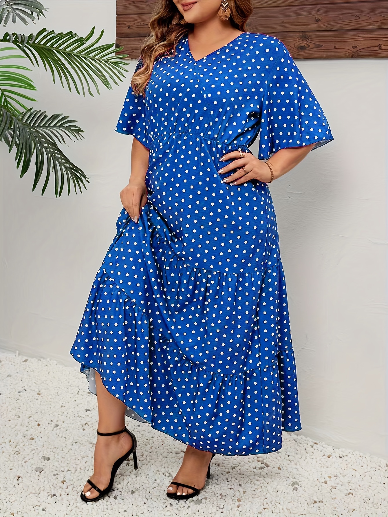 plus size pin dot print tiered dress casual v neck short sleeve dress womens plus size clothing