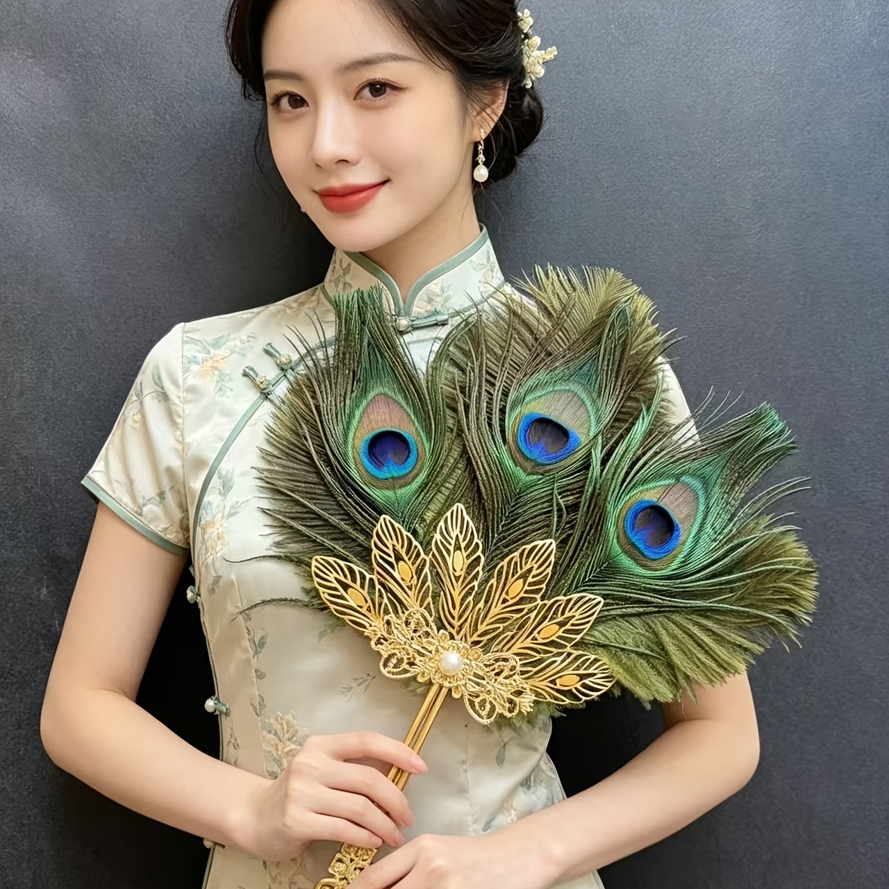 TEMU Emerald Green: Creative Ancient-style Artificial Feather Fan, Exquisite Court- Party Supplies