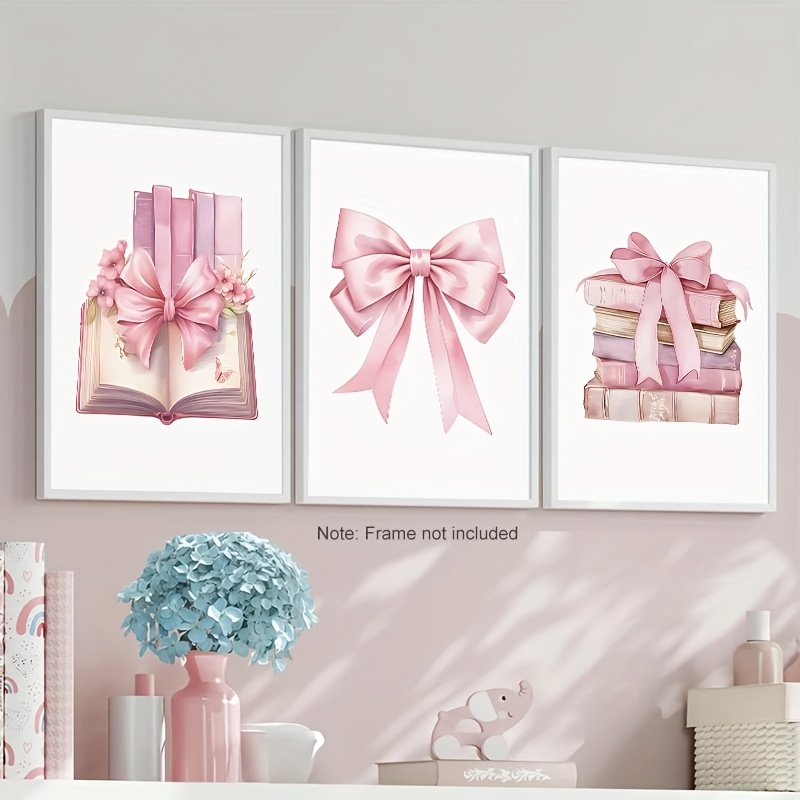 2d Flat, 2d Flat, 3 Pink Canvas Posters, Frameless, Book, Bow, Flower, Suitable For Home, Office, Kitchen - No Electricity Required, For Home Decor, Halloween Christmas Decor