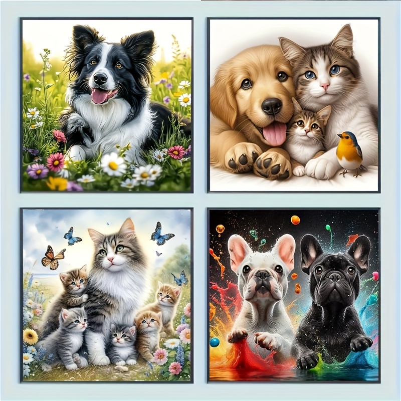 TEMU Ensemble de 4 tableaux diamant peinture mignons et apaisants avec chaton et chiot - 20x20cm, acryliques ronds à perçage complet à soi-, motif -