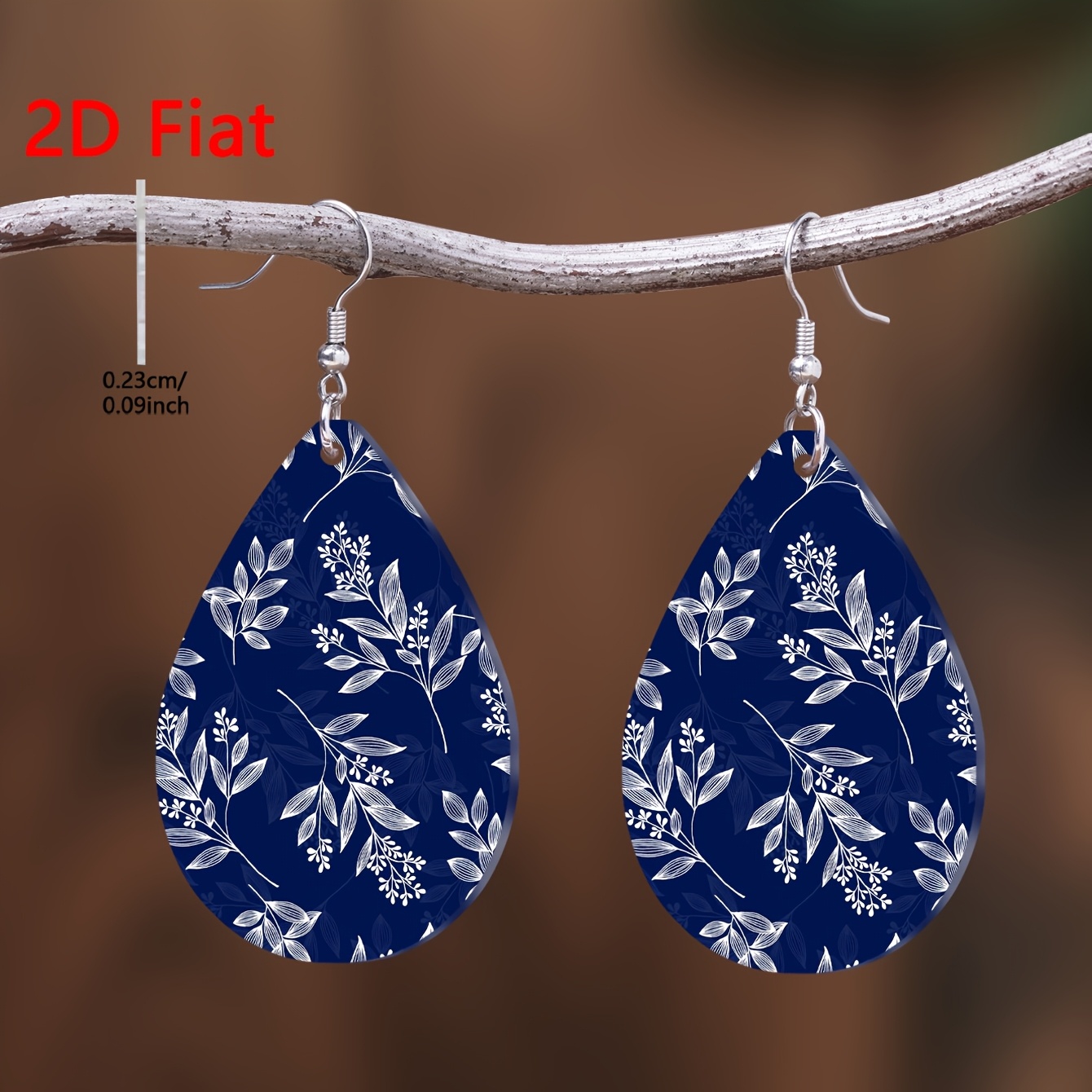 2D Flat Bohemian Minimalist Navy Blue Branch Leaf Earrings