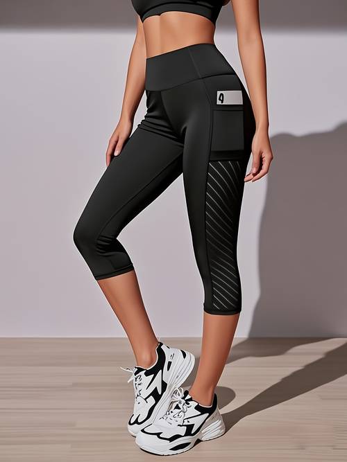 1pc womens high waisted tummy control capri leggings lifting wide waistband with mesh panels side pockets stitched detailing non see through workout casual athletic pants tummy control shapewear gym wear modern sportswear durable sportswear activewear breathable material yoga pants