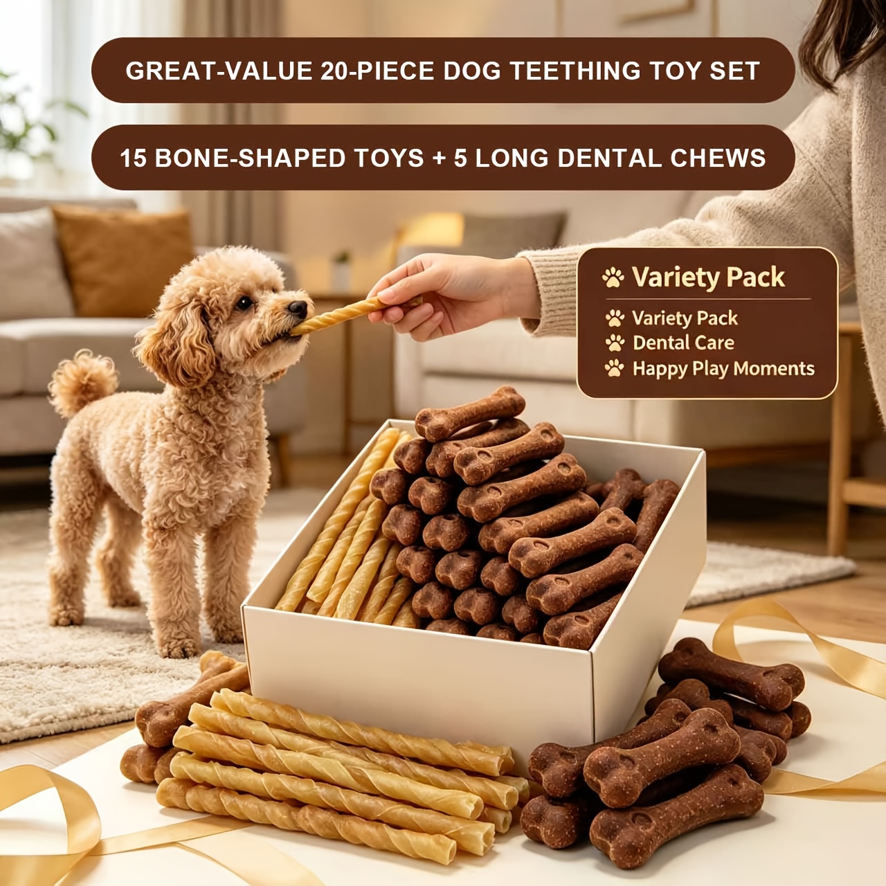 TEMU 20pcs Great V Dog Dental Kit, 15pcs Bone-shaped Dental Sticks And 5pcs Long Chew Sticks, Helping Dogs Clean Teeth, Removing Dog Bad Breath,