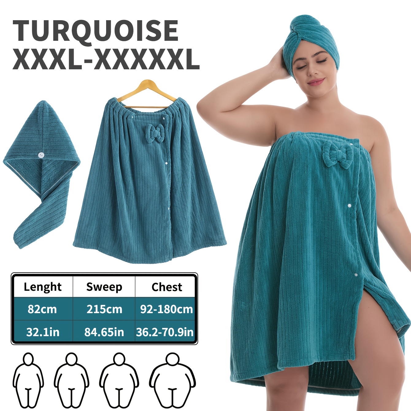 Image of Bathrobe Set Xxl-xxxxxl - 2pcs Extra Large Bath Skirt & Shower Cap + 82x215cm Coral Fleece Bath Towel | Super Absorbent, Adjustable Wrap For Home, Travel, Sauna, Spa
