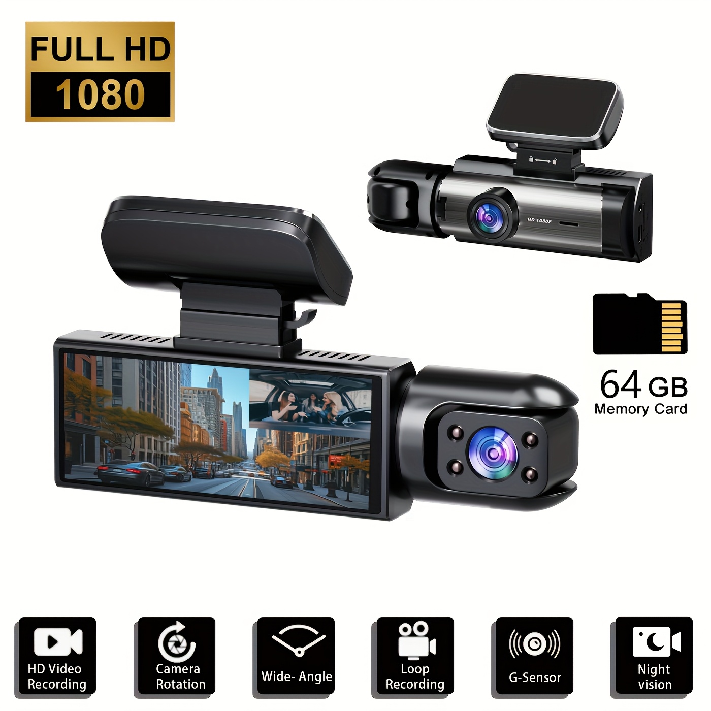 TEMU Dual Lens Dash Cam 1080p Front & Inside - 3.16" Ips Screen, Infrared Night Vision, Loop Recording, 170&deg; Wide Angle (parking Mode + Free 64gb Card) - Perfect For Uber/taxi/