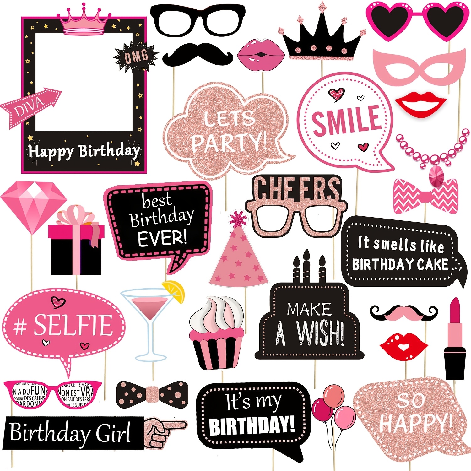 31pcs Rose Golden Black Birthday Photo Booth Props, Handheld Selfie Signs With Crown Lip Diamond Designs, Birthday Party Decorations For Women Adults