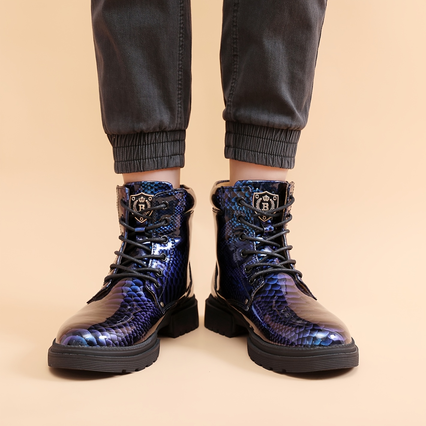 mens high boots iridescent blue crocodile - Temu display picture 1