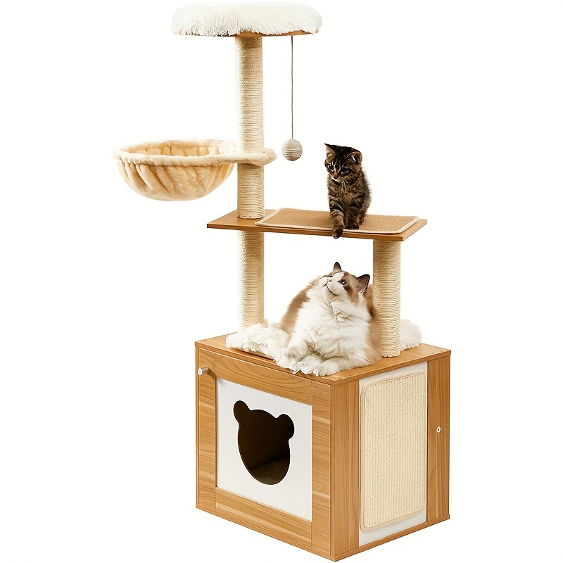 

Cat Tree With Litter Box Enclosure, 2-in-1 Tower For Indoor Cats, 48.6" Wood Kitten Condo With Scratching Post And , Removable Pad For Large Cats