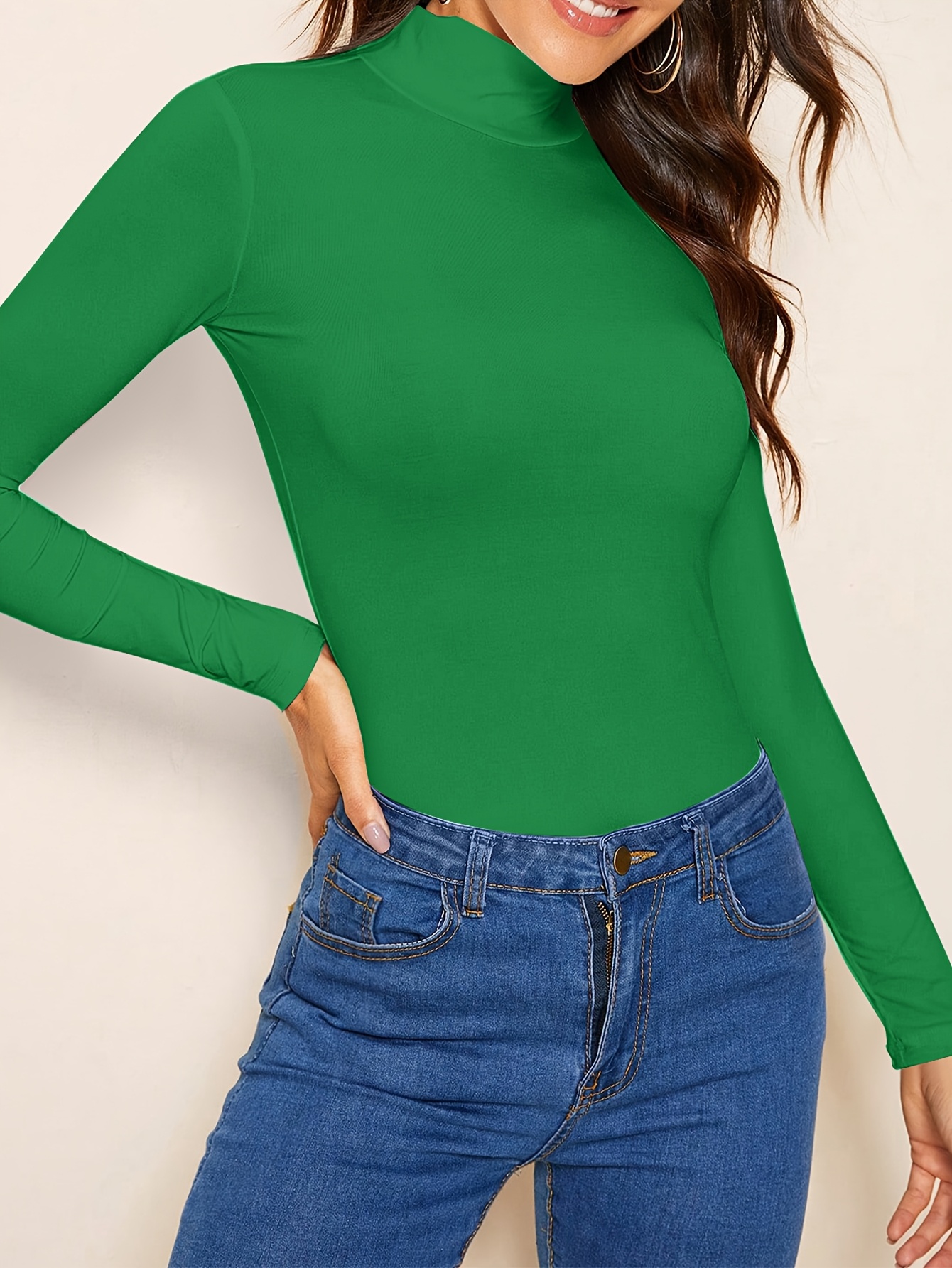 Solid Color Mock Neck T-Shirt, Versatile Long Sleeve T-Shirt For Spring & Fall, Women's Clothing