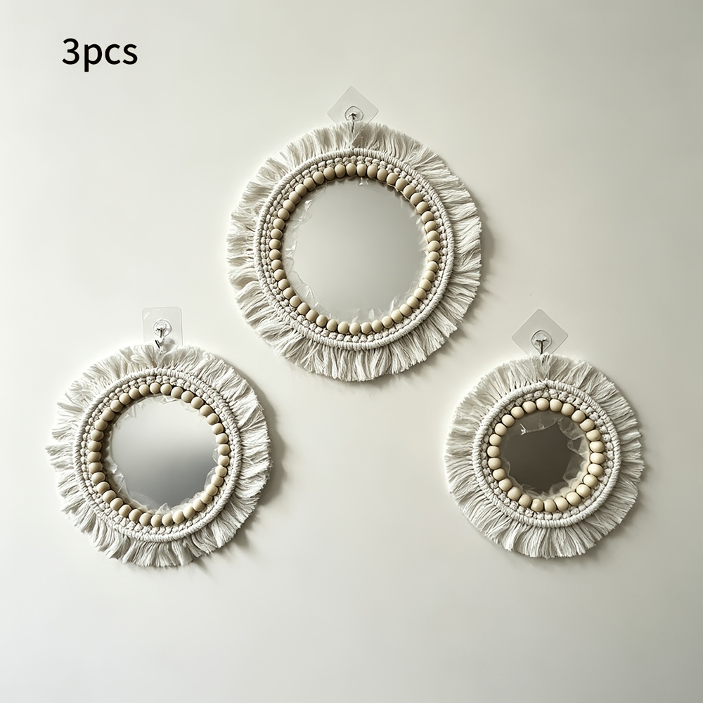 TEMU Juego de 3 espejos decorativos colgantes de cuentas de madera con borlas rústicas estilo Ins, espejos decorativos redondos con cuerda para