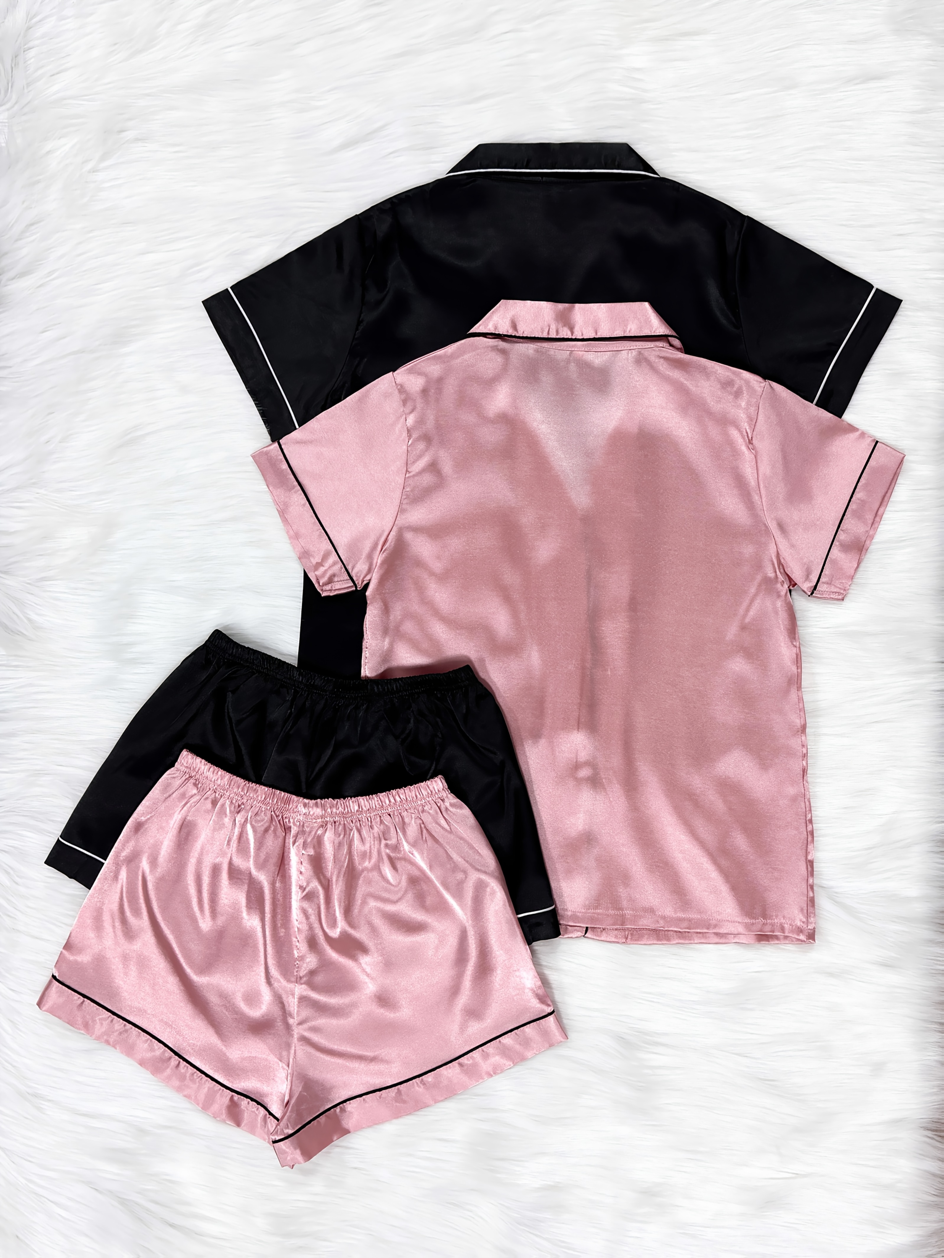 Women's Silk Satin Pajama Set - Short Sleeve Button Top And Elastic Shorts, Summer Lounge Sleepwear In Light Pink