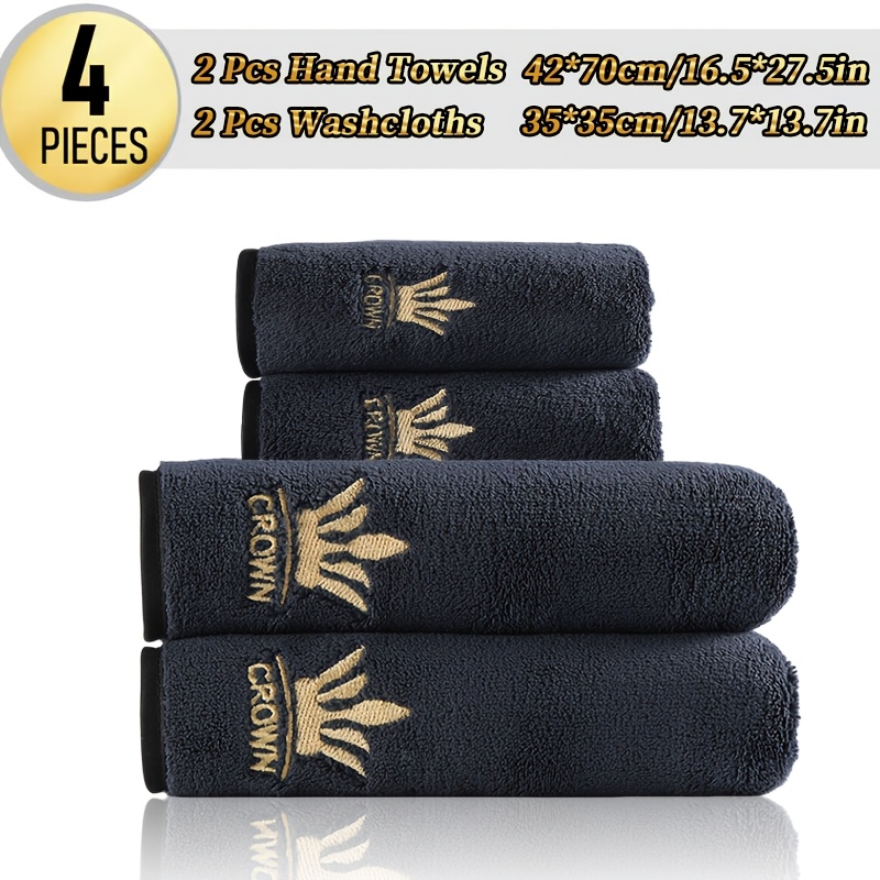 TEMU 4pcs Crown Embroidery Towel Set, Including 2 Towels (42x70 Cm) And 2 Washcloths (35x35 Cm), Super Soft, Absorbent, And Quick-drying, Solid /,