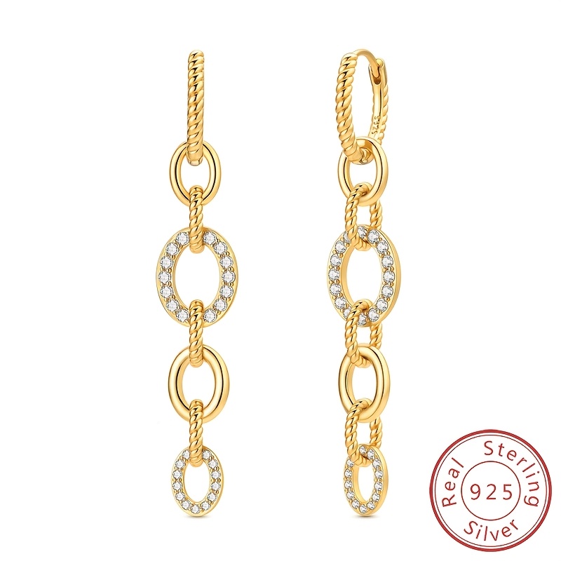 Women's 925 Silver Golden Twisted Chain Earrings, Elegant Design