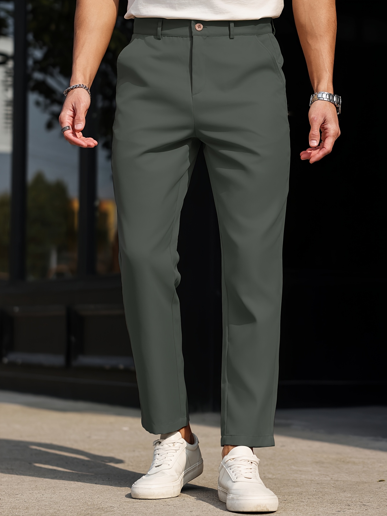 Men's Slim-Fit Casual Dress Pants - Solid Beige, Machine Washable, Straight Leg Design with Side Pockets, Perfect for Business or Leisure Outings, Allseason Trousers | Straight Leg Pants | Internal Zipper Closure