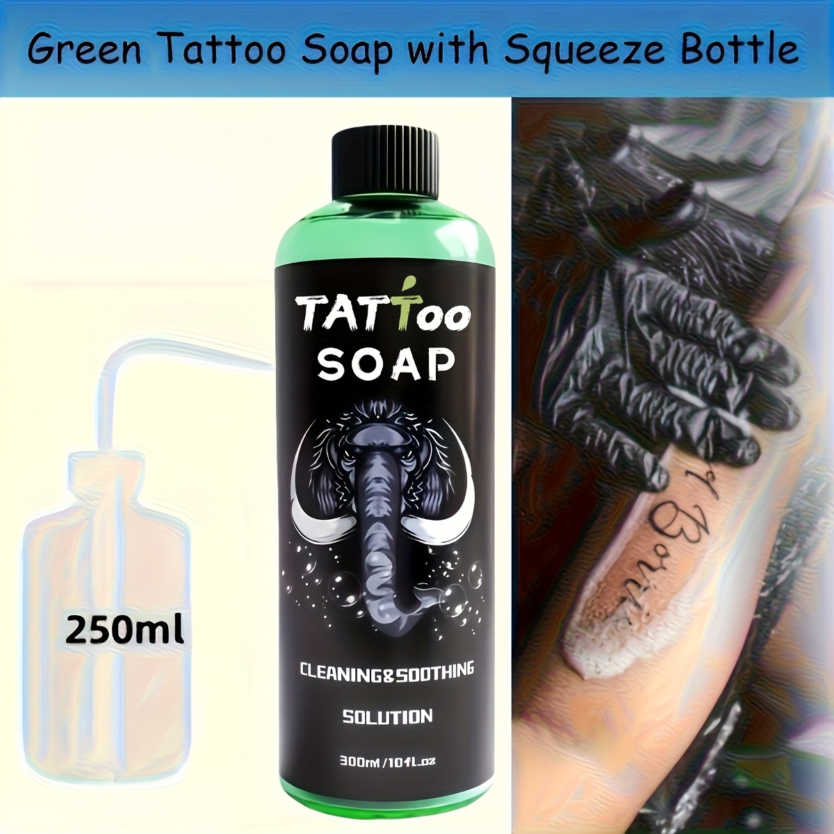 Image of Tattoo Artist Recommended, Multiple Tattoo Scenes Holiday Applicable-1.01oz/10.15oz Tattoo Set, Tattoo Cleansing Solution With Squeeze Bottle For , | Foam | Moisturizing Foam