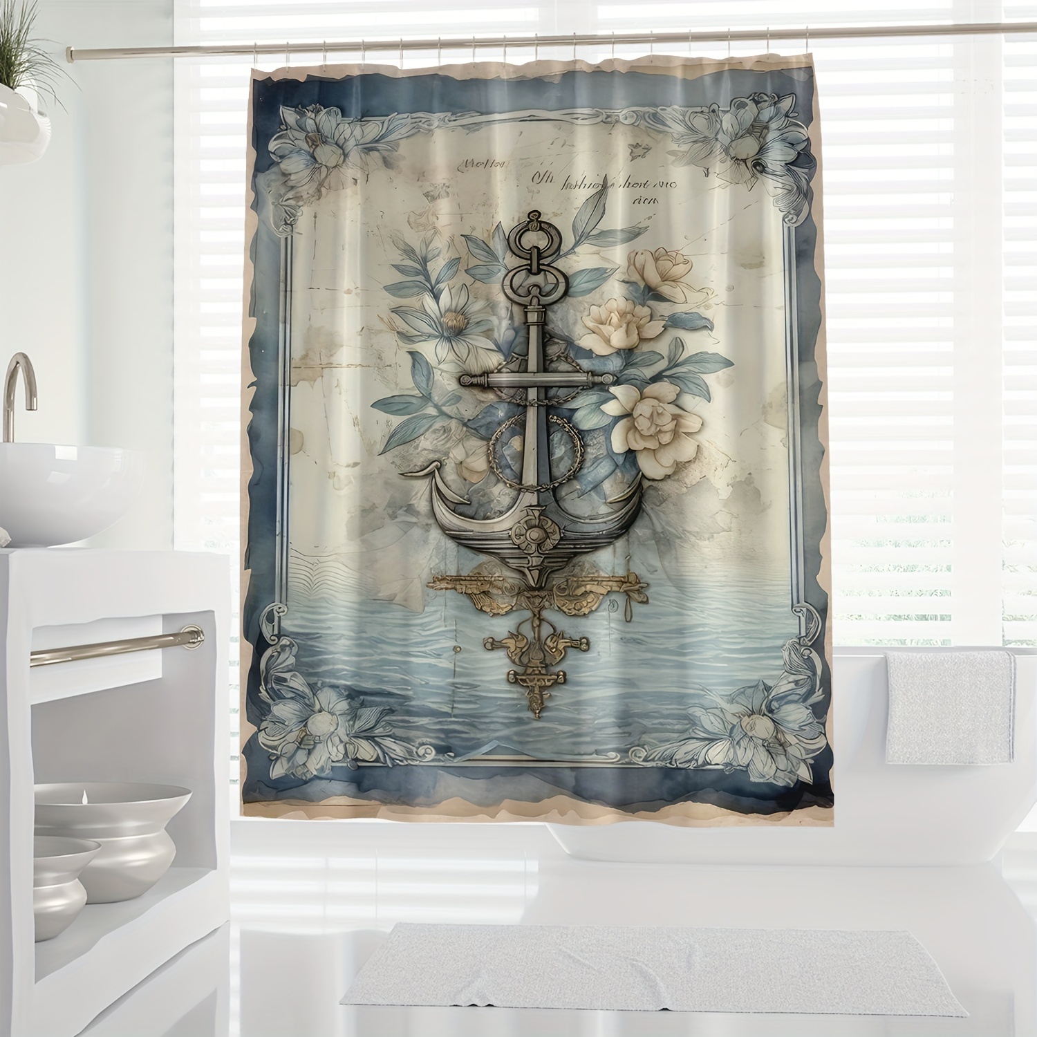 

Waterproof Nautical Anchor Shower Curtain With Hooks - Machine Washable Polyester, Artistic Ocean Theme Bathroom Decor