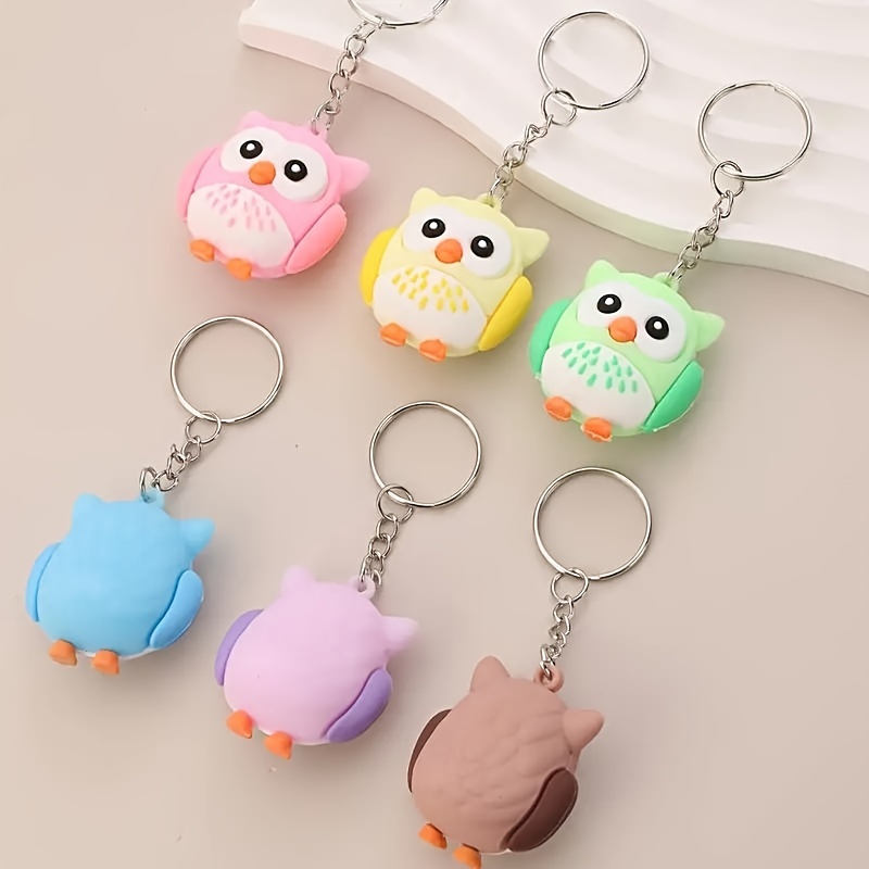 

6pcs Cute Owl Keychains Cartoon Animal Pvc Keyring Charm Accessories, Non-braided, Unplated Precious Metal - Assorted Colors