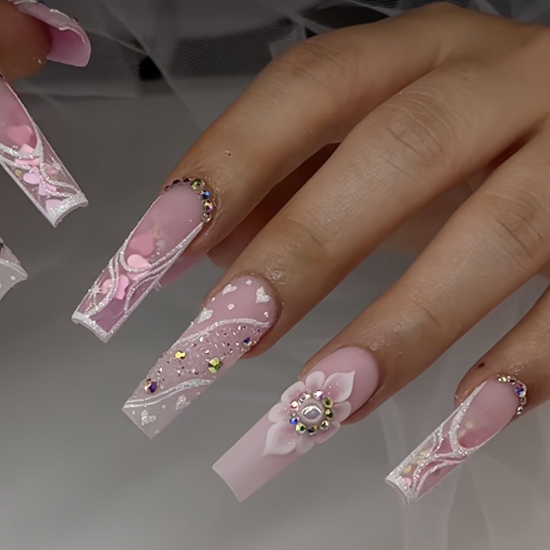 

24pcs Mixed Color Ballet Nail Tips With Flower Pattern And Matte Finish - Middle Length Artificial Nails With Rhinestone Accents - Removable Press-on Nail Patch Set