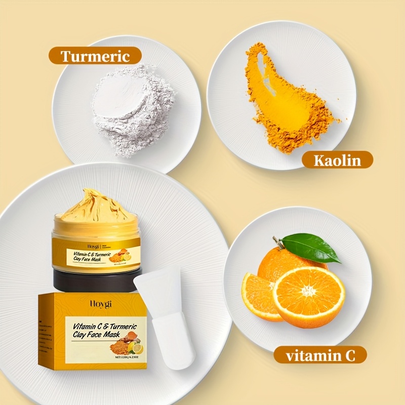 Masque de Boue à la Curcuma et Vitamine C Hoygi 3.38oz - Nettoyage Profond, Hydratant & Raffermissant, Masque en Kaolin et Aloe Vera pour un Teint Lumineux Beige Clair, Idée Cadeau Anniversaire pour Femmes et Hommes