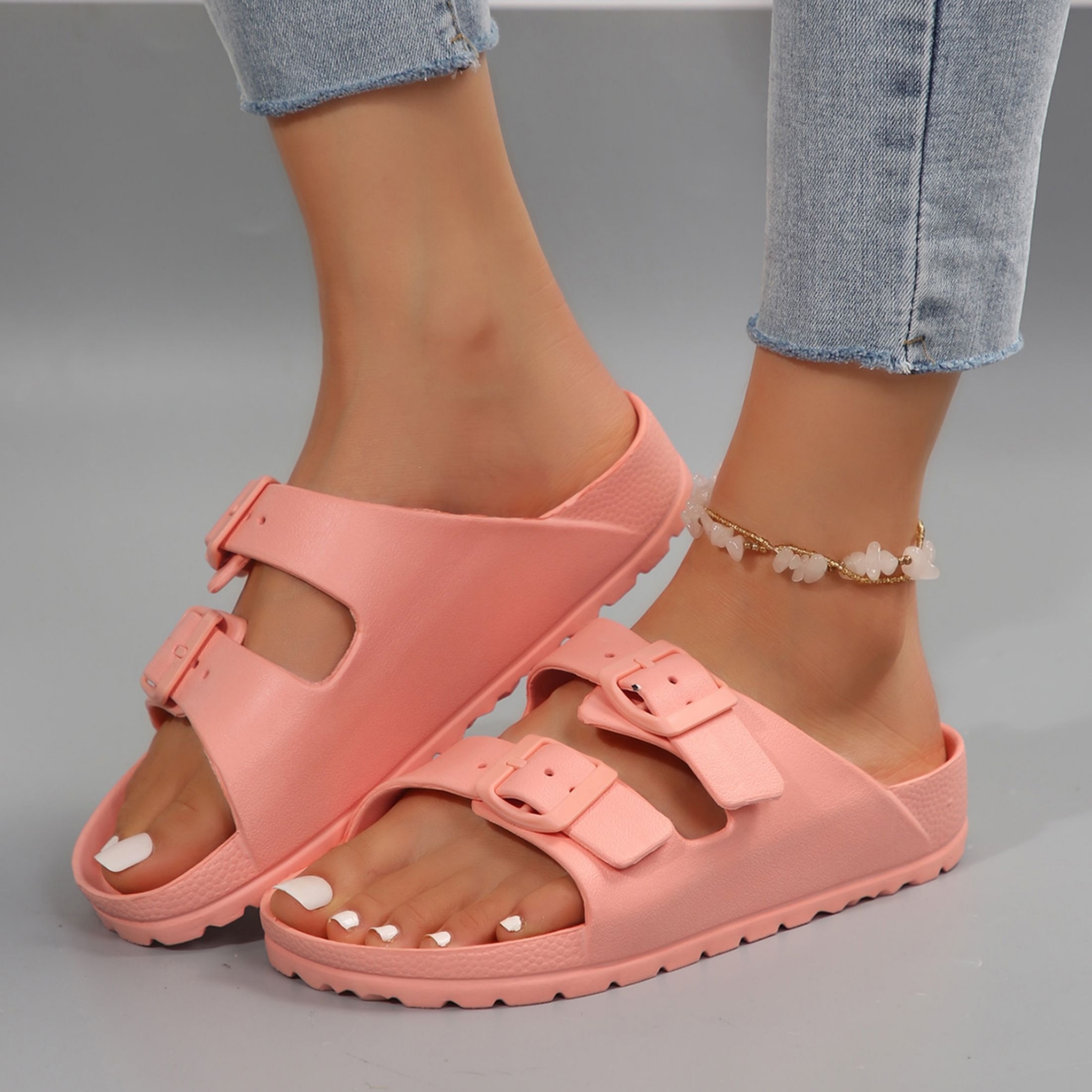 

Women's Sandals Comfortable Double Buckle Slides, Adjustable Flat Non-slip Waterproof Sandals