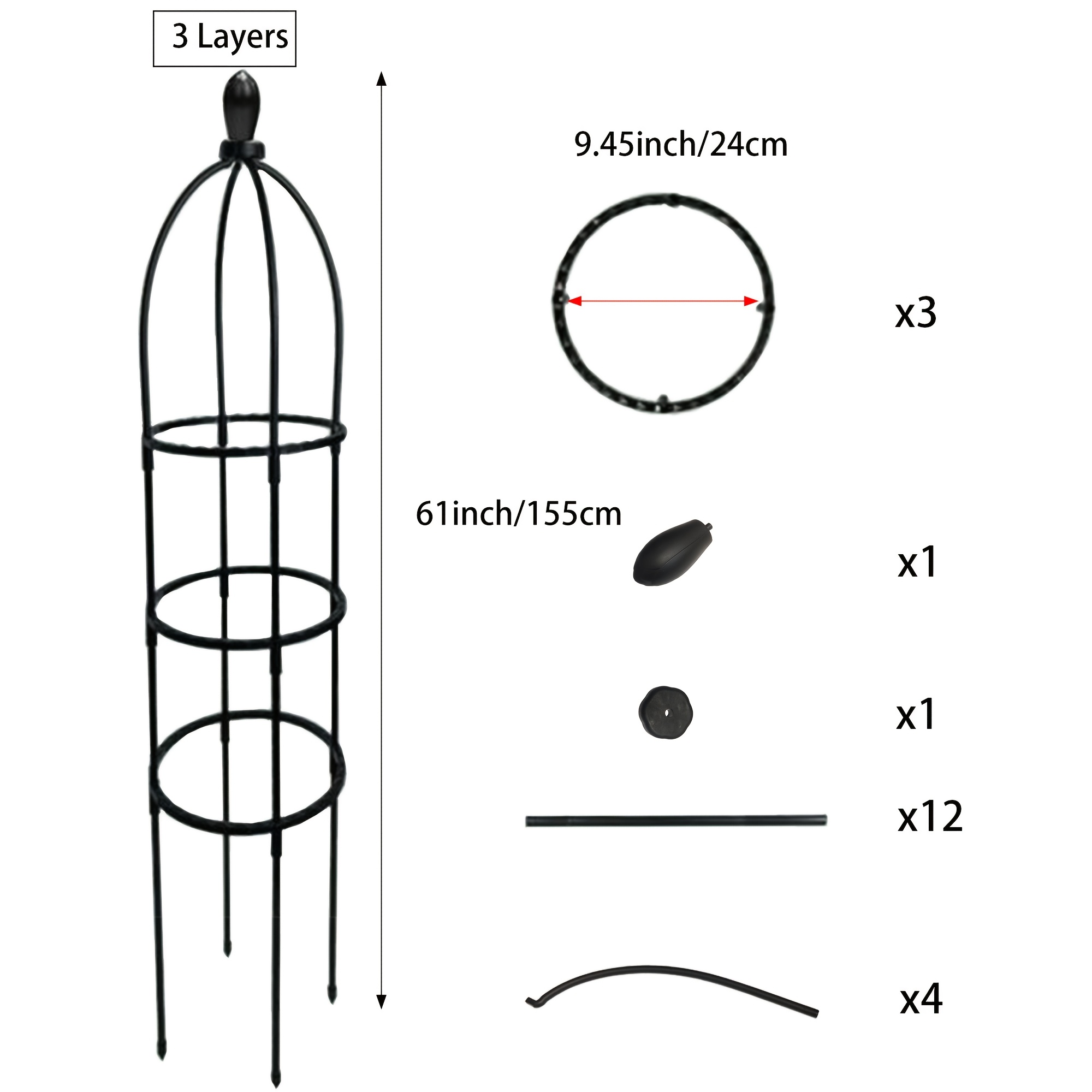 TEMU Circular Black Garden Support Frame Designed For Climbing Vines And Flowering Plants, Made Of Durable Plastic, Suitable For Potted Plants,