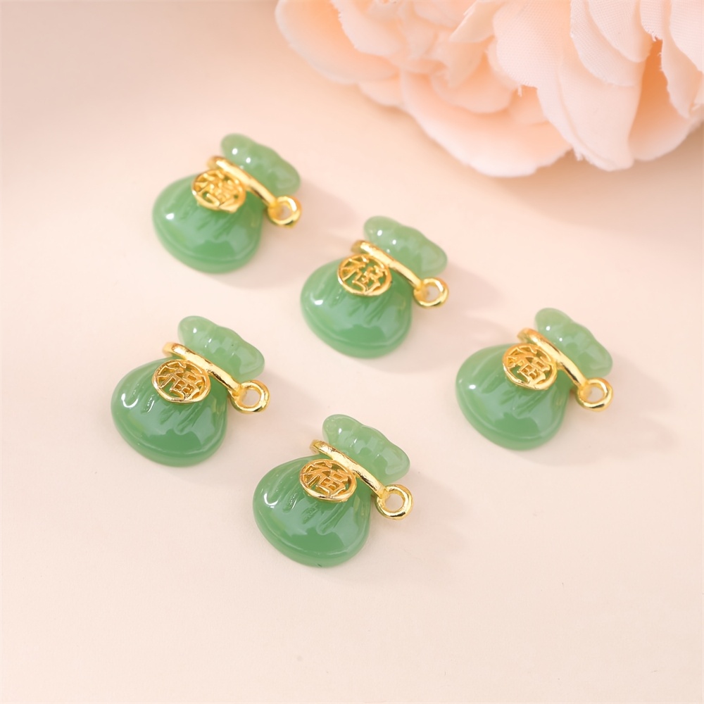 

Set Of 10 Handcrafted Green Gourd-shaped Pendants - Traditional Golden Accent Glass Charms For Making, No Electricity Needed, Collectible Figurines