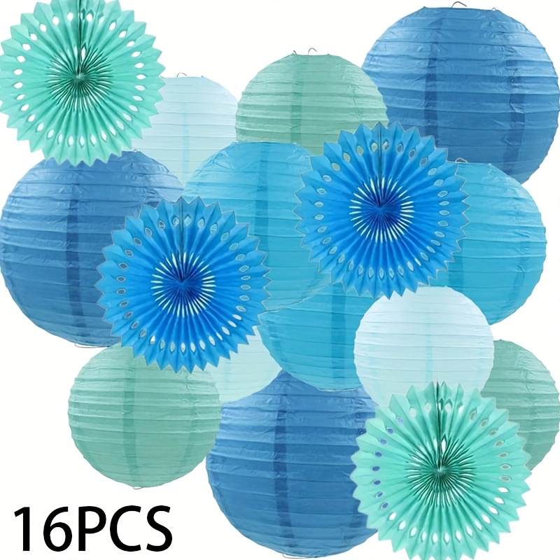 Image of A Set Of 16 Blue Paper Lanterns And Fans For Parties, Suitable For Home Decoration, Weddings, Birthdays, And Party Decorations, Featuring Hanging Chinese Paper Lanterns