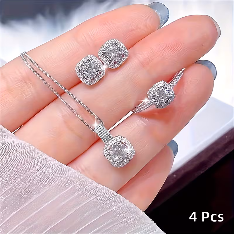 4pcs sparkling cube zirconia water jewelry set necklace pendants rings and earrings delicately cut to fashionable and versatile making them an for handling occasions and enhancing charm details 0