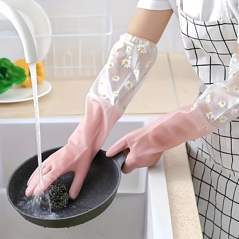 1 pair daisy pattern waterproof pvc cleaning gloves, non-slip dishwashing gloves for kitchen, home, laundry, bathroom, toilet, living room - alcohol free,   use, gloves for cleaning details 1