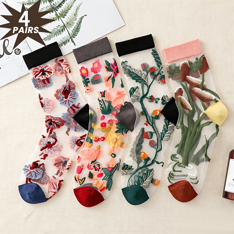 TEMU 4 Pairs Of Women's Mid-tube Socks, Retro Floral See-through Glass Stockings, Thin, Breathable, Comfortable, Moisture-wicking And Sweat-wicking