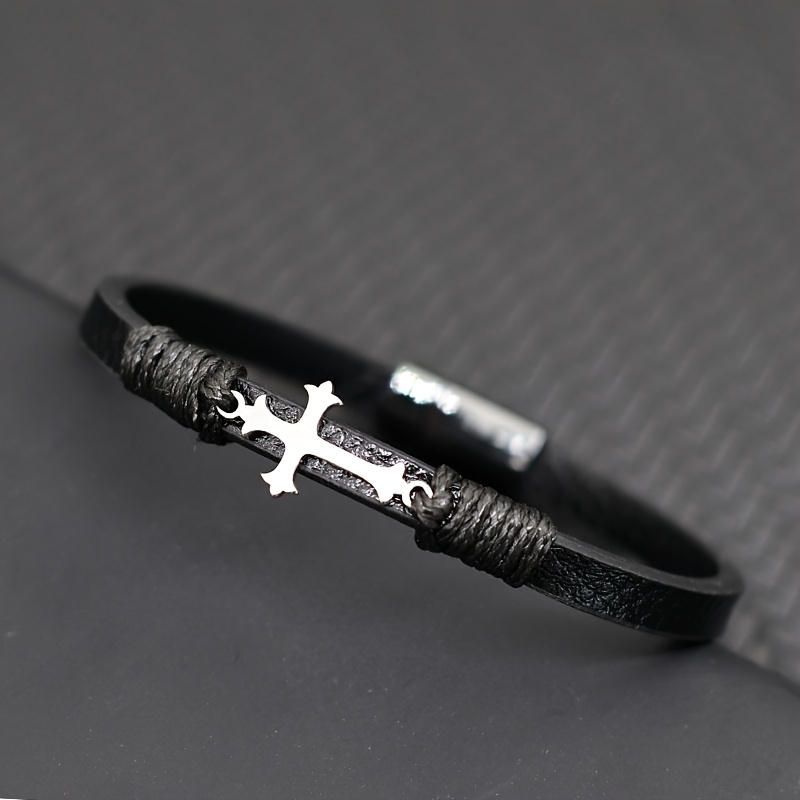 1pc Of Vintage Men's Cross Faux Leather Bracelet