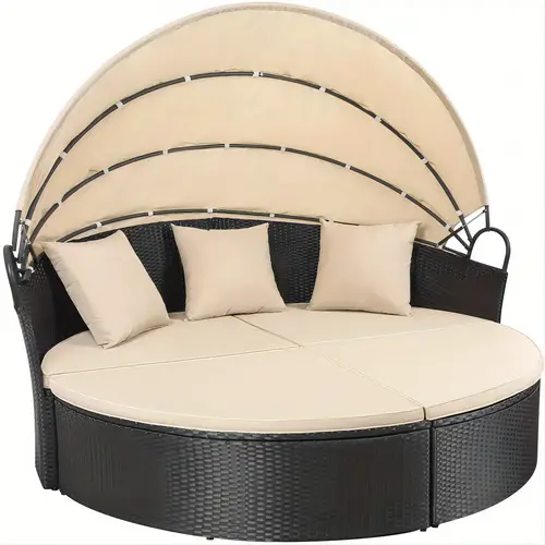 patio furniture outdoor round daybed with retractable canopy wicker rattan separated seating sectional sofa for patio lawn garden backyard porch