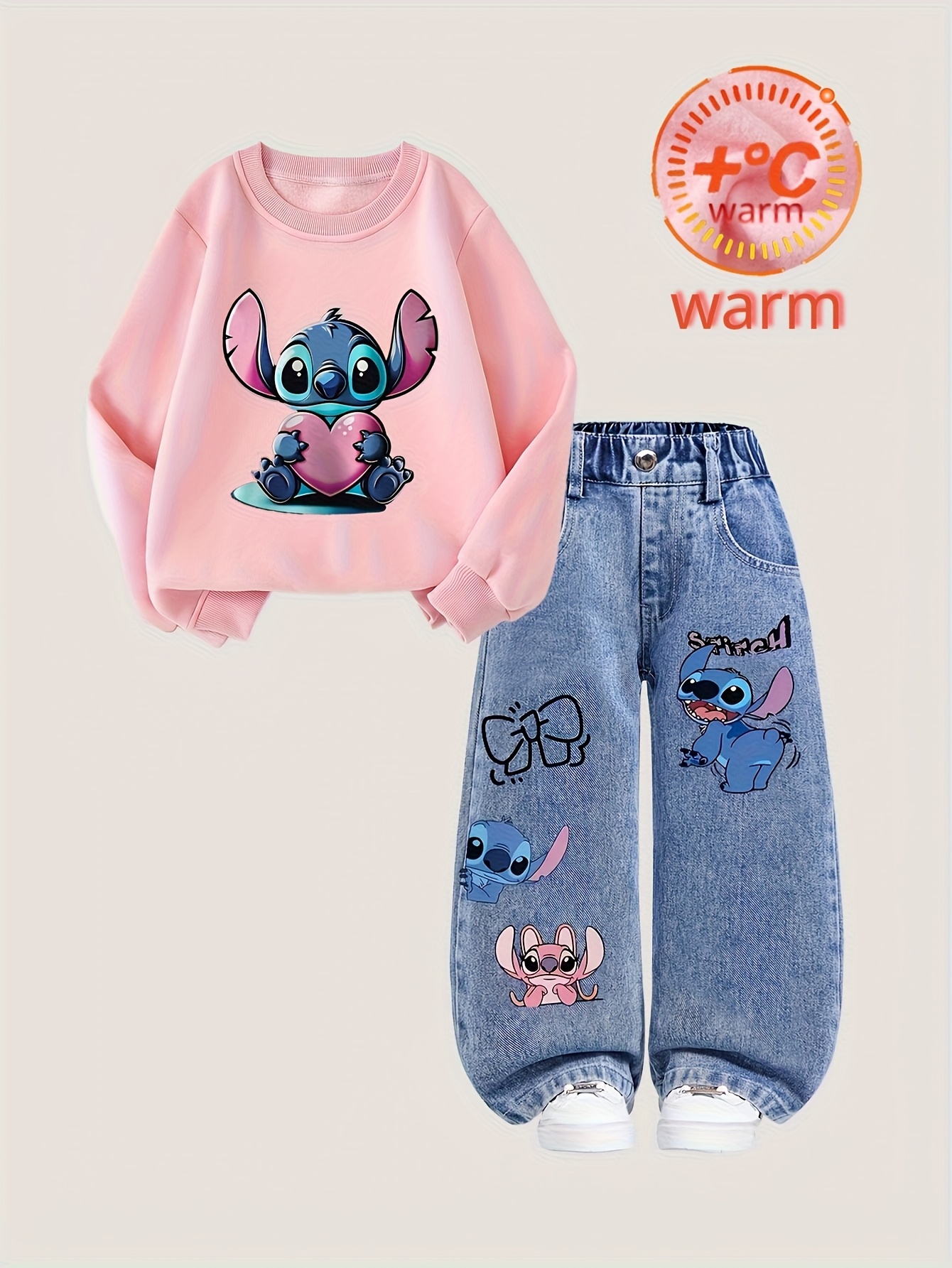 2 stuks Disney Stitch Hoodie + Faux Denim Set