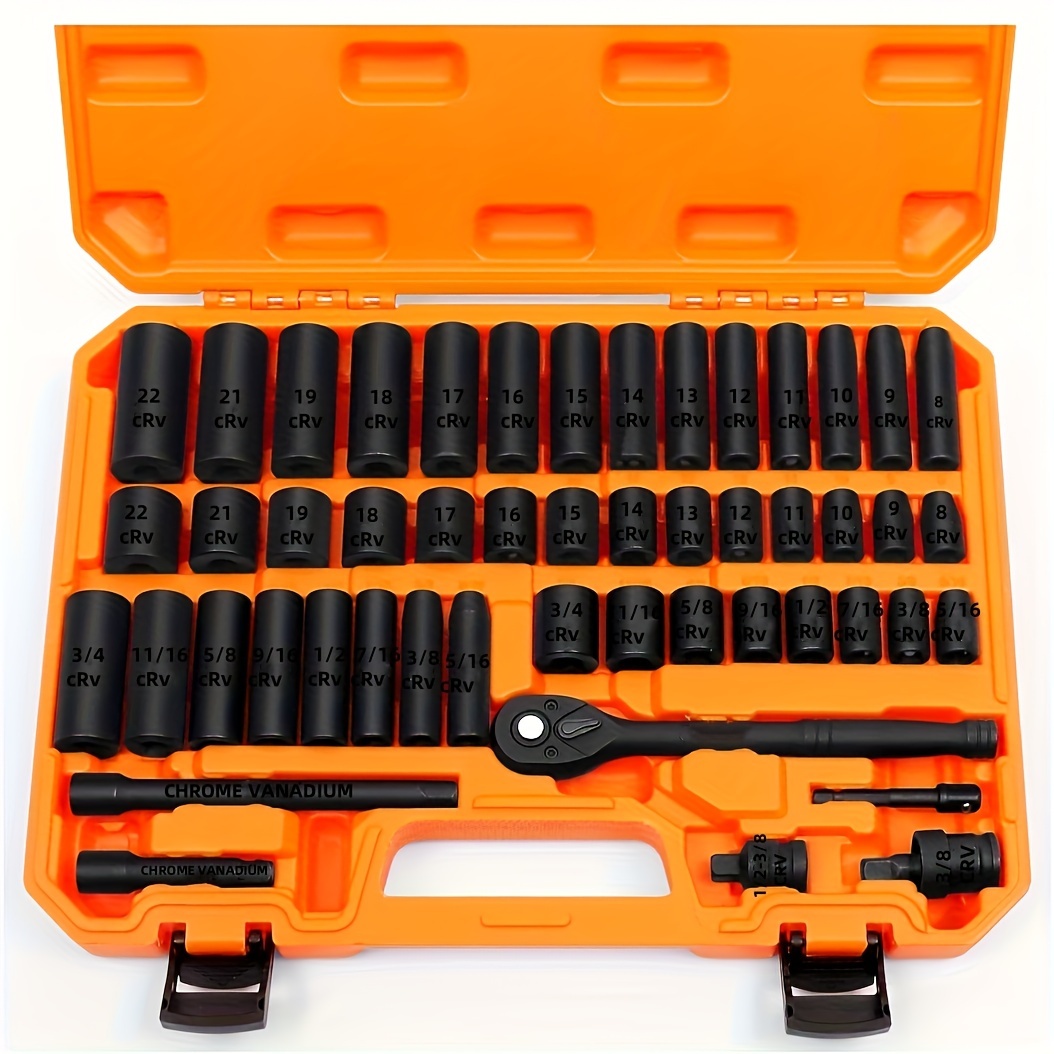 

1set 3/8" Drive Impact Socket Set, Standard Sae (5/16"-3/4") And Metric (8-22mm) Sizes, 6-point, Cr-v Steel, With 3/8" Ratchet Handle, Extension Bars, Universal Joint, Sturdy Storage Case