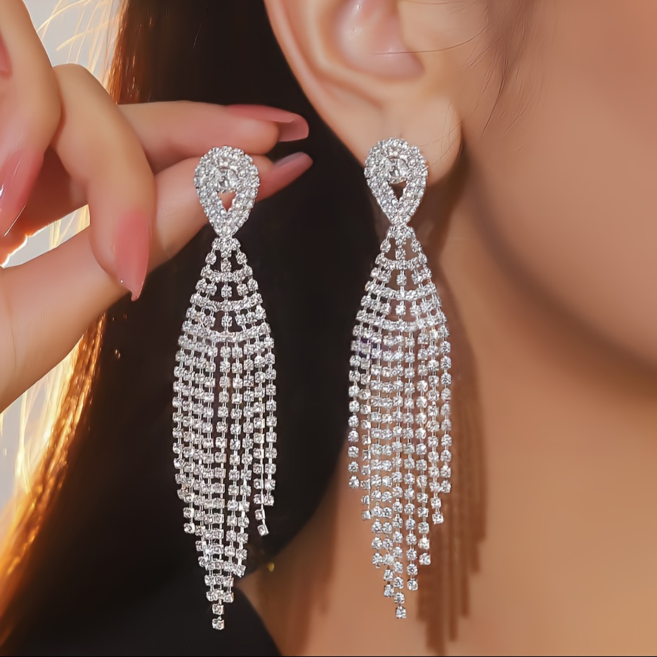 

1 Pair Of Elegant Dangle Earrings Sparkling Tassel Design Rhinestone Golden Or Silvery Pick A Wedding Jewelry