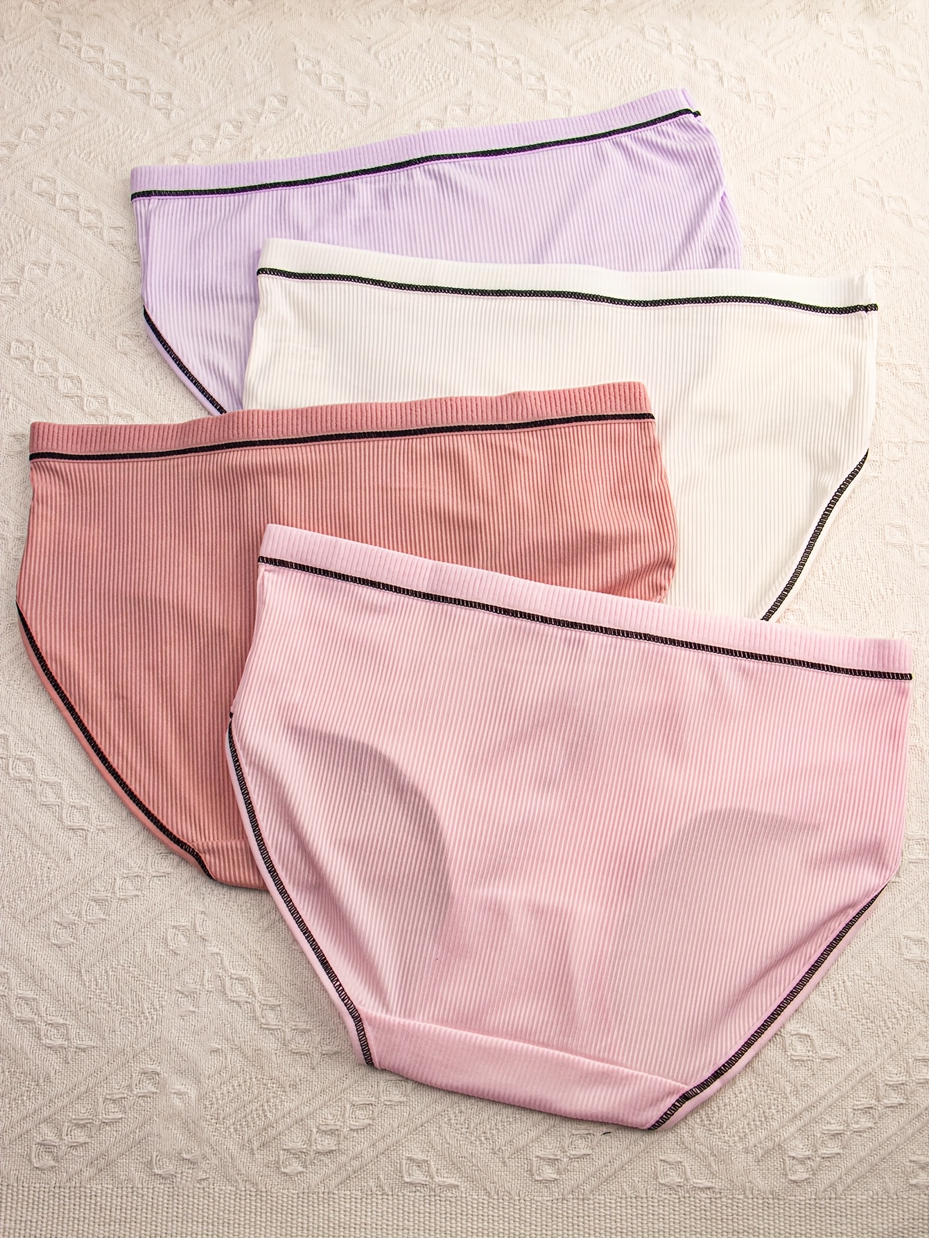 4pcs Women's Mid-Rise Briefs with Chic Bow Detail - Breathable & Comfortable Ribbed Texture in Assorted Colors, Stretchy Polyester Blend, Non-See-Through - Perfect for Casual Attire