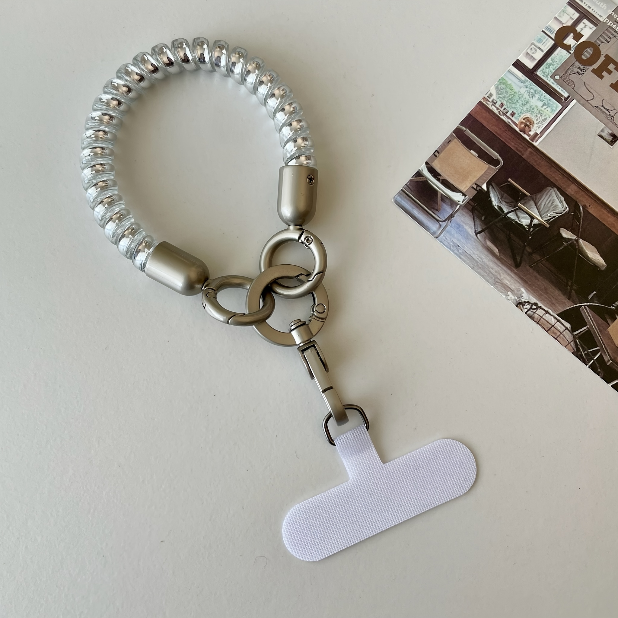 TEMU 1pc ' Spring Rope Anti-lost Mobile Wristband, Dual-tone Telephone Coil Hand Strap, Metal Buckle T-hook Mobile Accessory, Trendy Daily Mobile