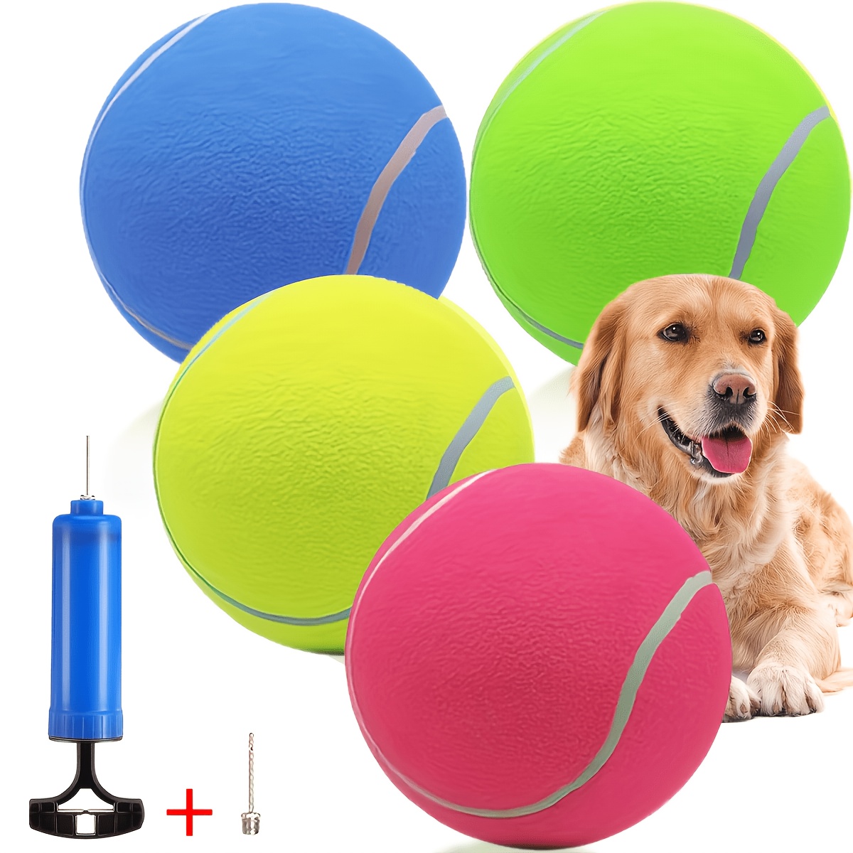 TEMU Giant Pet Tennis Set - 4pcs, For Pet Training, Play And Exercise. 9.5-inch Large Dog Tennis Ball, Interactive Pet Toy, Includes Needle And Air