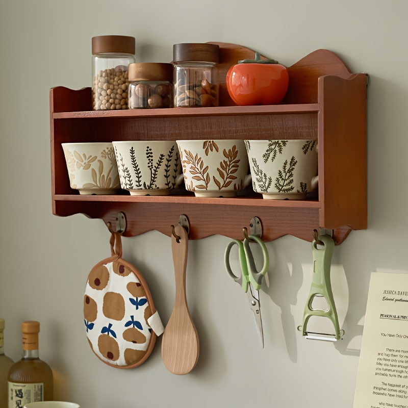 vintage   wooden wall shelf rustic storage rack with hooks for kitchen dining room decor natural log design   organizing utensils and spices kitchen decor and accessories