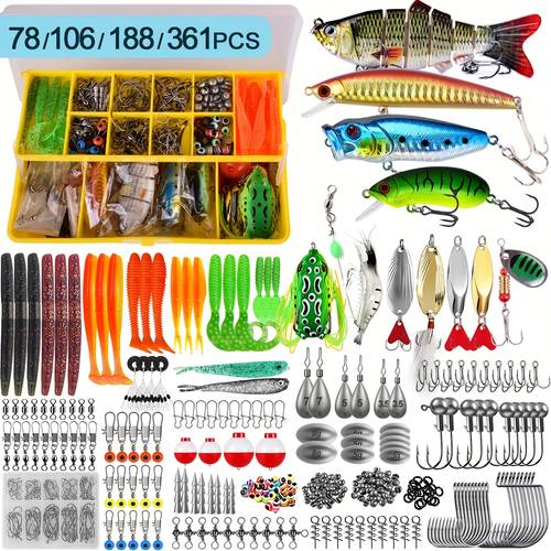 78 106 188 361pcs fishing lures kit for freshwater bait tackle kit for trout salmon fishing accessories tackle box including spoon lures soft plastic worm