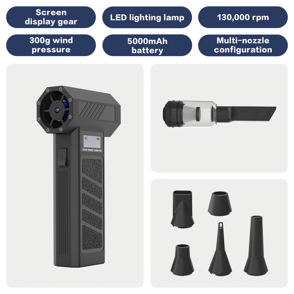 TEMU Wireless Turbo Blower/vacuum Cleaner With 130,000 Rpm Jet, 5 Nozzles, 5000mah Usb- Battery, Digital Display & Lights, 300g Wind Pressure For