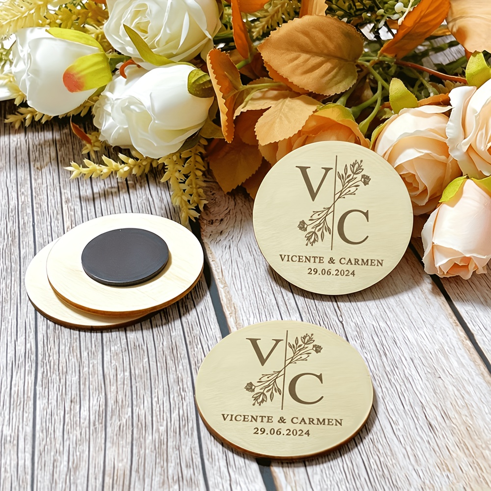 TEMU Lot de 48 aimants de mariage personnalisés en bois, plusieurs styles disponibles, souvenirs de mariage, aimants de réfrigérateur personnalisés