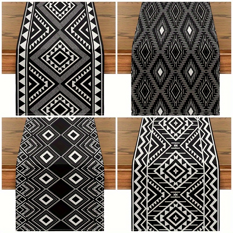 

Chic Black & White Geometric Table Runner - Durable Polyester, Perfect For Family Parties & Kitchen Decor, 13" X 72